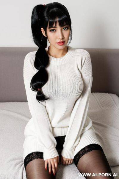 Twintails, humongous breasts, white sweater, pantyhose, wet pussy, - ai-porn.ai on pornintellect.com