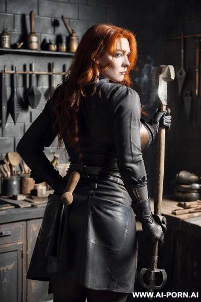 ((((heavy black goth make-up)))) ((ginger hair, very long and wavy)) (((blacksmith workshop))) ((((wearing a long sleeved black shirt, a pair of leather boots and a pair of leather gloves)))) - ai-porn.ai on pornintellect.com