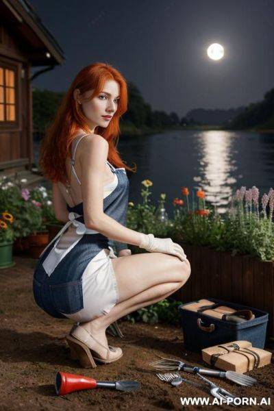 (((( flowers of various colours all around her )))) (((( no clothes besides a jeans apron with gardening tools)))) (((( white skin)))) (((ginger hair))) ((((jeans apron with gardening tools)))) - ai-porn.ai on pornintellect.com