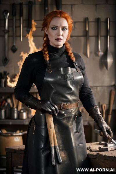((((heavy black goth make-up)))) ((ginger hair in a long braid)) (((blacksmith workshop))) ((((wearing a long sleeved black shirt, a pair of leather boots and a pair of leather gloves)))) ((((black - ai-porn.ai on pornintellect.com