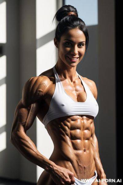 Trained shredded pecs, shredded traps, shredded abs, shredded delts, lats, sinewy, nude, topless, biggest sinewy veiny muscles, steroid muscles, light white skintone, big bright sexy eyes, showing muscular pecs and muscular traps - ai-porn.ai on pornintellect.com