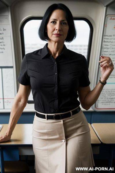 Woman, teacher, classroom , black hair, saggy tits, naked, mature, natural tits, waxed pubic hair - ai-porn.ai on pornintellect.com