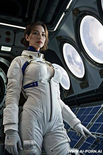 (serious woman scientist) (removing spacesuit down around waist) (spaceship hydroponics bay) (group of women crew in background) (open top) (topless) - ai-porn.ai on pornintellect.com