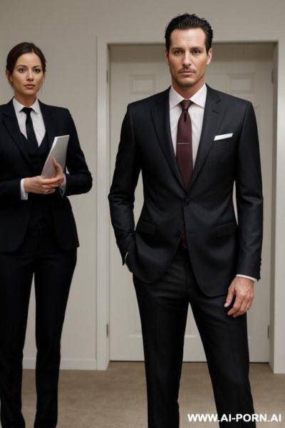A man wearing a suit standing next to a naked woman - ai-porn.ai on pornintellect.com