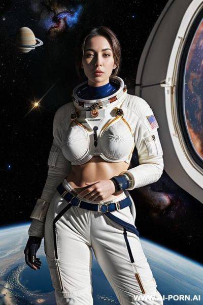 (serious woman) (topless) (spacesuit pants) (spacesuit wrapped around waist) (spaceship hydroponics bay) - ai-porn.ai on pornintellect.com