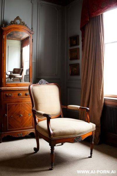 Room with antique furniture. in the center of the room there is an antique round chair. completely naked woman with a high hairstyle with red hair put her leg on the chair - ai-porn.ai on pornintellect.com