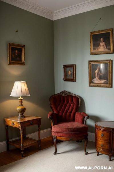 Bright room with antique furniture. on the walls hang paintings with completely naked women of 30 years in different poses. in the center of the room stands an antique round chair. completely - ai-porn.ai on pornintellect.com