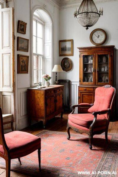 Bright room with antique furniture. in the center of the room there is an antique round chair. completely naked woman 20 years old with short red hair put her leg on the chair - ai-porn.ai on pornintellect.com