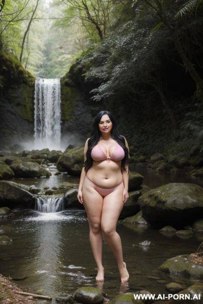 Chubby woman, full body, standing, long black hair, wearing pink bikini, waterfall in the forest - ai-porn.ai on pornintellect.com