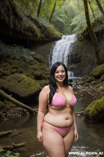 Chubby woman, full body, standing, long black hair, wide smile, wearing pink bikini, waterfall in the forest - ai-porn.ai on pornintellect.com