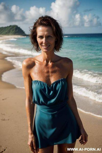 Beautiful dutch woman. stranded on a deserted island after a shipwreck. wet drenched standing in the surf. torn , ripped red short summer dress, shoulder length dark brown hair, perky b-cup tits, round ass, covered with sticky sand - ai-porn.ai - Netherlands on pornintellect.com