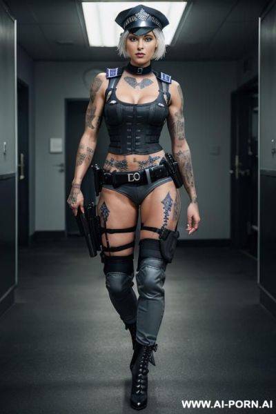 A naked dark-skinned muscular woman with short white hair, sprayed with white liquid in a collar, lies in tears with a lost look in full growth, toples, piercing nipples, black lipstick - ai-porn.ai on pornintellect.com