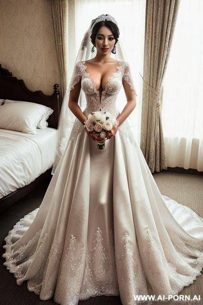 Three chinese womans with huge breasts, wearing wedding dresses, breasts exposed, ejaculation, very beautiful faces, delicate faces, penis inserted into vagina, orgasm - ai-porn.ai - China on pornintellect.com