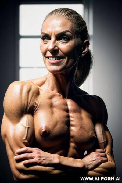 Nude fittest extremely ultramuscular female bodybuilder, (perfect botox face), (nude shredded megamuscular pecs), biceps, biggest bodybuilder traps, lats, triceps, muscular forearms, gigantic delts, obliques, - ai-porn.ai on pornintellect.com