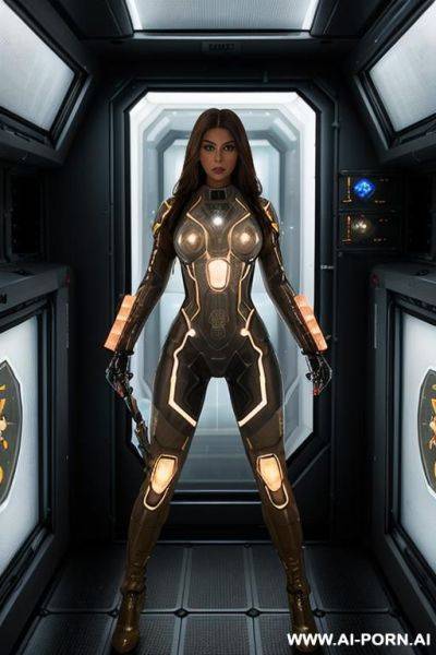 (tanned woman soldier) (transparent combat suit) (spaceship reactor room) (standing guard) (weapon on back) - ai-porn.ai on pornintellect.com