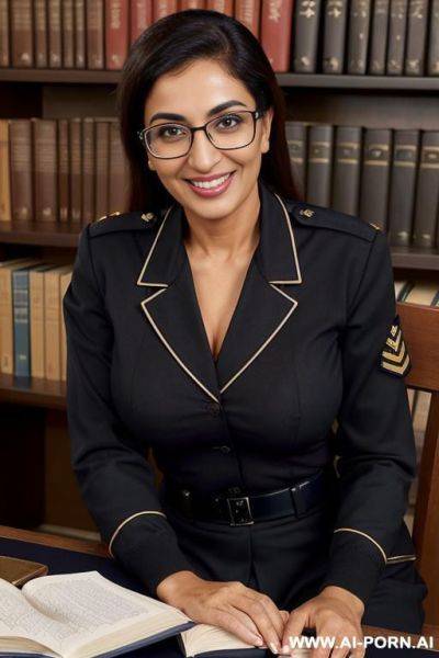 (tanned nerdy pakistani mature woman) (class uniform) (sitting at library table full of books) (grinning) (nip slip) - ai-porn.ai - Pakistan on pornintellect.com