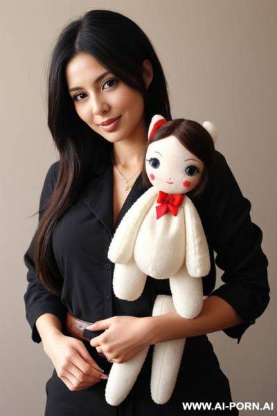 Woman holding doll sized woman in her right hand by the waist with one hand - ai-porn.ai on pornintellect.com