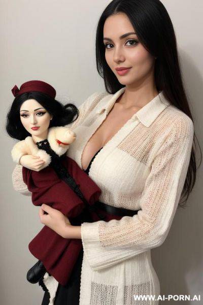 Woman holding doll that has woman face in her right hand by the waist with one hand - ai-porn.ai on pornintellect.com