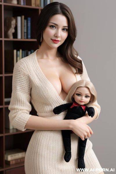Woman holding doll that has woman realistic humanoid face in her right hand by the waist with one hand - ai-porn.ai on pornintellect.com