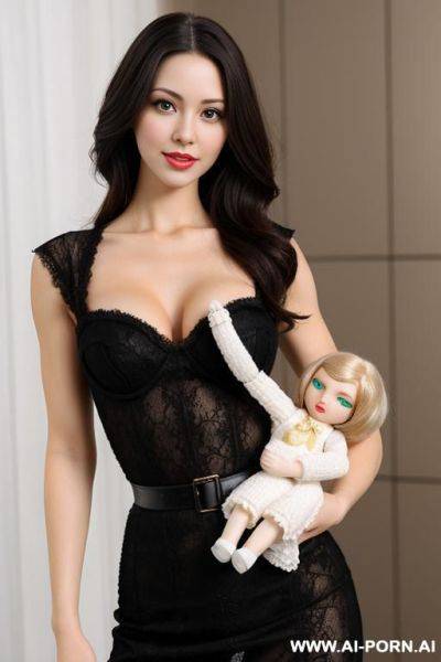 Woman holding doll that has woman realistic humanoid face body arms legs in her right hand by the waist with one hand - ai-porn.ai on pornintellect.com
