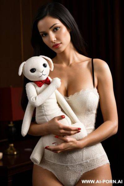 Holding a female humanoid doll in her left hand - ai-porn.ai on pornintellect.com