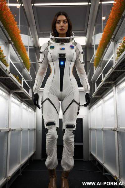 (serious tanned woman scientist) (transparent spacesuit) (spaceship hydroponics bay) (group of women crew in background) - ai-porn.ai on pornintellect.com
