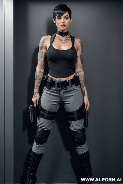 A naked dark-skinned muscular woman with short white hair, sprayed with white liquid in a collar, lies in tears with a lost look in full growth, toples, piercing nipples, black lipstick - ai-porn.ai on pornintellect.com