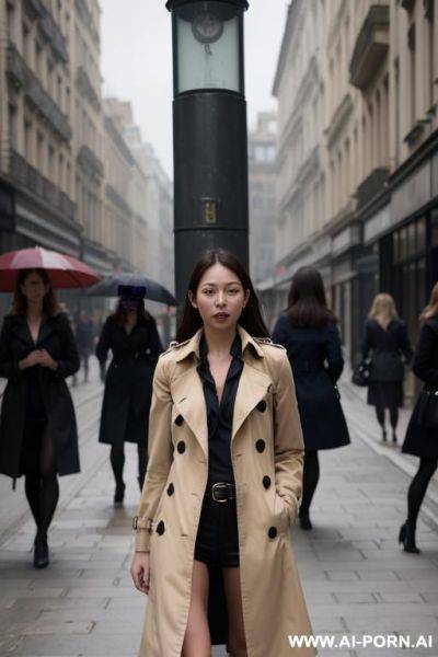 Trench coat, two women, nakeds, city street, windy weather - ai-porn.ai on pornintellect.com
