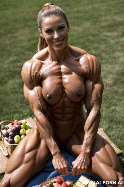 Nude fittest extremely ultramuscular female bodybuilder, perfect face, (nude shredded megamuscular pecs), biceps, biggest bodybuilder traps, lats, triceps, muscular forearms, gigantic delts, obliques, highly - ai-porn.ai on pornintellect.com