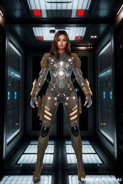 (tanned woman soldier) (transparent combat suit) (spaceship reactor room) (standing guard) (rifle) - ai-porn.ai on pornintellect.com