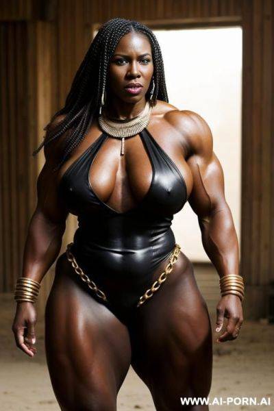 African goddess, extreme muscles, very sturdy, big boned, giant, wife , married, wedding ring, black skin - ai-porn.ai on pornintellect.com