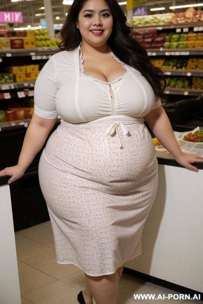 Housewife, mexican, supermodel, wide hips, rotund, very fat, hourglass shaped, pushing vacuum, apron, fatter, long hair - ai-porn.ai - Mexico on pornintellect.com