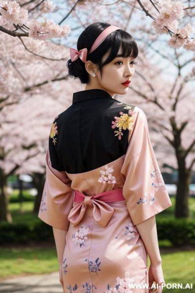 Short black hair, a yellow kimono with floral embroidery and a red sash, expression and is looking directly. her hair is styled in a bob cut with bangs, and she has brown eyes. she is - ai-porn.ai on pornintellect.com