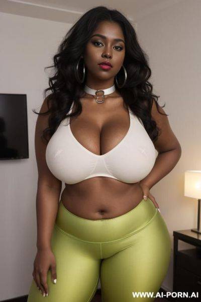 Chubby woman, full body, long fluffy curly hair, wearing light green gym leggings shorts and light red top, double bedroom in front of drobe, (wide dark lips) pouting, slender legs, eye - ai-porn.ai on pornintellect.com