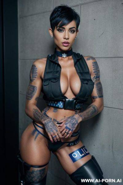A naked dark-skinned muscular woman with short white hair, sprayed with white liquid in a collar, lies in tears with a lost look in full growth, toples, piercing nipples, black lipstick - ai-porn.ai on pornintellect.com