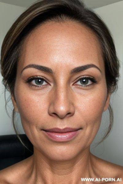 Wife, milf, fifty years old, face closeup, head closeup, closeup, only head is visible, amateur wife, dark blonde hair with brighter blonde streaks, chignon hair, bright green eyes, very natural - ai-porn.ai on pornintellect.com