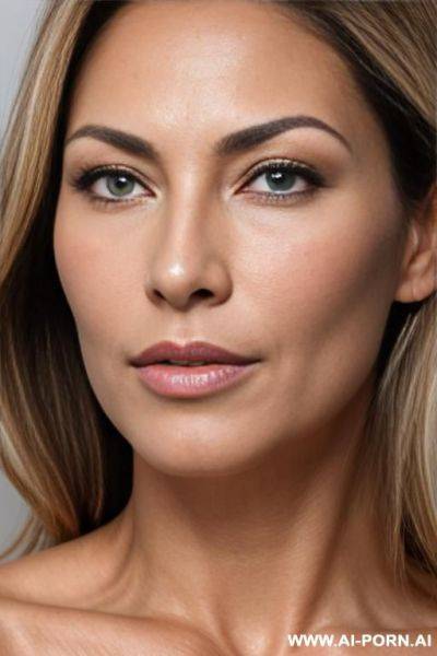 Hotwife, milf, fourty years old, face closeup, head closeup, closeup, only face is visible, amateur wife, dark blonde hair with brighter blonde streaks, chignon hair, green eyes, very natural nose, - ai-porn.ai on pornintellect.com