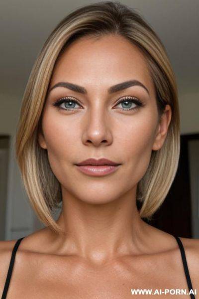 Hotwife, milf, 0, face closeup, head closeup, closeup, only face is visible, amateur wife, dark blonde hair with brighter blonde streaks, chignon hair, green eyes, very natural nose, tanned, - ai-porn.ai on pornintellect.com