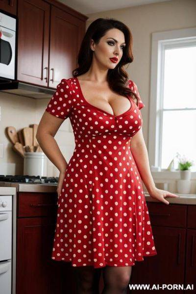 (((keep face))) gorgeous hot brunette women wearing (((red polka dot dress))) in kitchen, curvy, (tight short sleeve dress) - ai-porn.ai on pornintellect.com