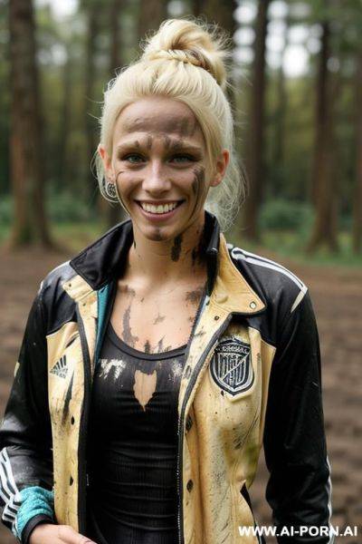 Messy bun, medium breasts - slashed jeans, jacket, (black soccer jersey, covered in mud, dirty - ai-porn.ai on pornintellect.com