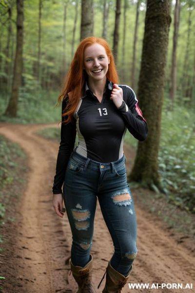 Medium long ginger hair; c-cup breasts; (torn jeans), (torn black soccer jersey), (hiking boots), tanned, covered in mud - ai-porn.ai on pornintellect.com