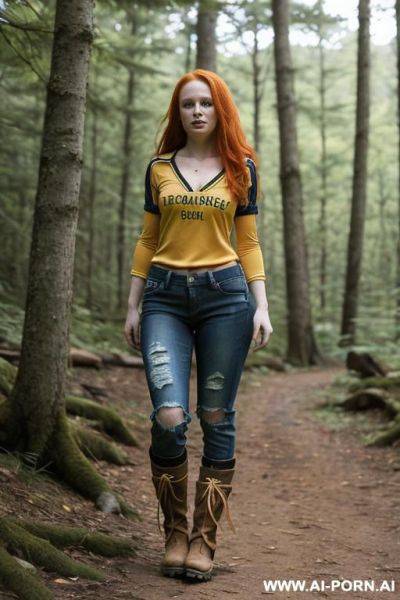 Medium long ginger hair; c-cup breasts; (torn jeans), (burned soccer jersey), (hiking boots) - ai-porn.ai on pornintellect.com