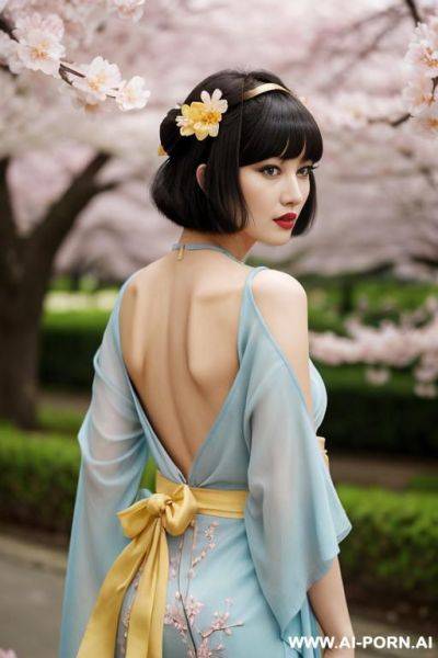 Short black hair, a yellow kimono with floral embroidery and a red sash, expression and is looking directly. her hair is styled in a bob cut with bangs, and she has brown eyes. she is - ai-porn.ai on pornintellect.com