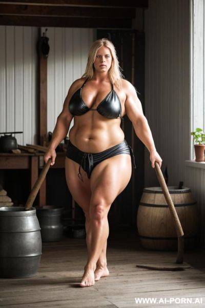Scandinavian female blacksmith, barefoot, sexy, attractive, strong, obese, bulked up - ai-porn.ai on pornintellect.com