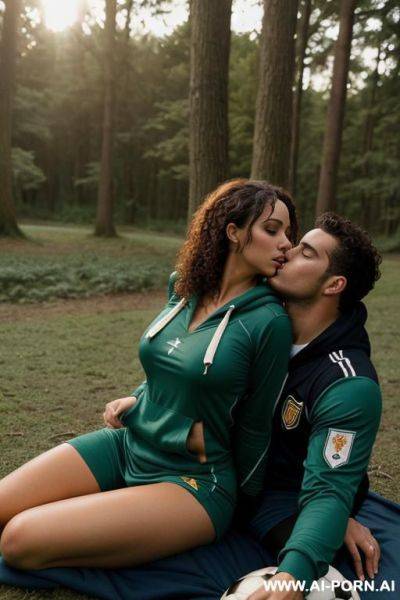 Large breasts lack hoodie,, curly hair, tangled, together with a man underneath a blanket, kissing - ai-porn.ai on pornintellect.com