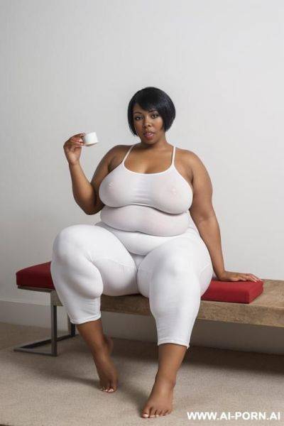 A very light black woman wearing tight whitei pants and has got fat tbeautiful feet and she is fat. the feet must be apparent with their nails coloured in red - ai-porn.ai on pornintellect.com