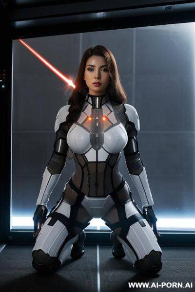 (close up) (woman soldier) (transparent combat suit) (spaceship reactor room) (low crouch) (double laser sword) (laser weapon) (full combat kit) - ai-porn.ai on pornintellect.com