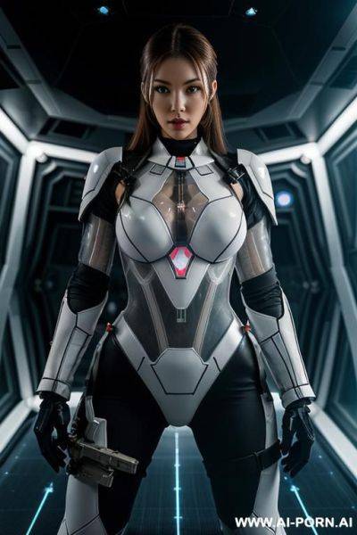 (close up) (woman soldier) (transparent combat suit) (spaceship reactor room) (sword lunge pose) (laser sword) (full combat kit) - ai-porn.ai on pornintellect.com