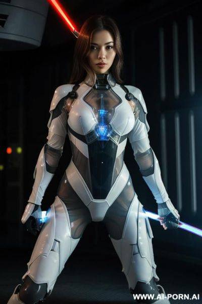 (close up) (woman soldier) (transparent combat suit) (spaceship reactor room) (sword lunge pose) (double laser sword) (laser weapon) (full combat kit) - ai-porn.ai on pornintellect.com