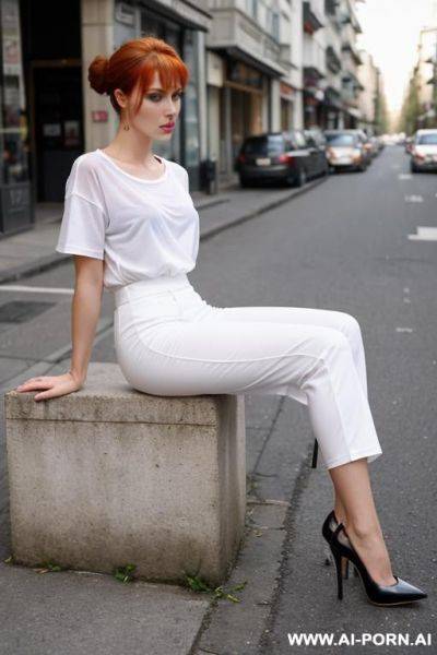 Wife, walking with wide strides, short white wet transparent t-shirt, slender legs, sporty round butt, tanned, many walking dressed people - ai-porn.ai on pornintellect.com